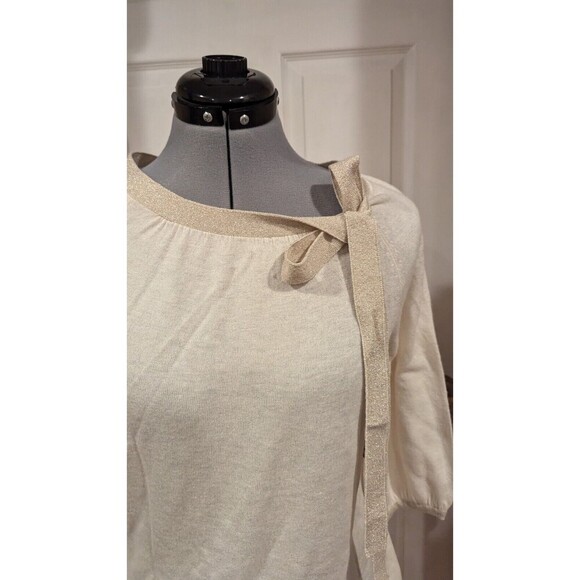 Cable And‎ Gauge Cashmere Blend Bow Neck Sweater Ivory Gold Bow  SZ L Coquette - Picture 4 of 6